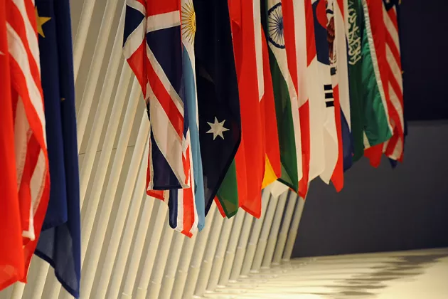 Flags of G20 nations inside the main meeting room of the London Summit, 2 April 2009