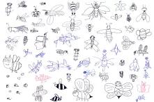 Bee drawings by children, teenagers, and adults during the NCBS Moth Day, National Centre for Biological Sciences, Bengaluru (arrangement by Sebastian Walter).
