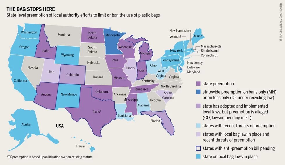 In the USA, progressive states and cities aim to restrict the use of plastic bags. Industry lobbyists are working with conservative states to prevent such initiatives.