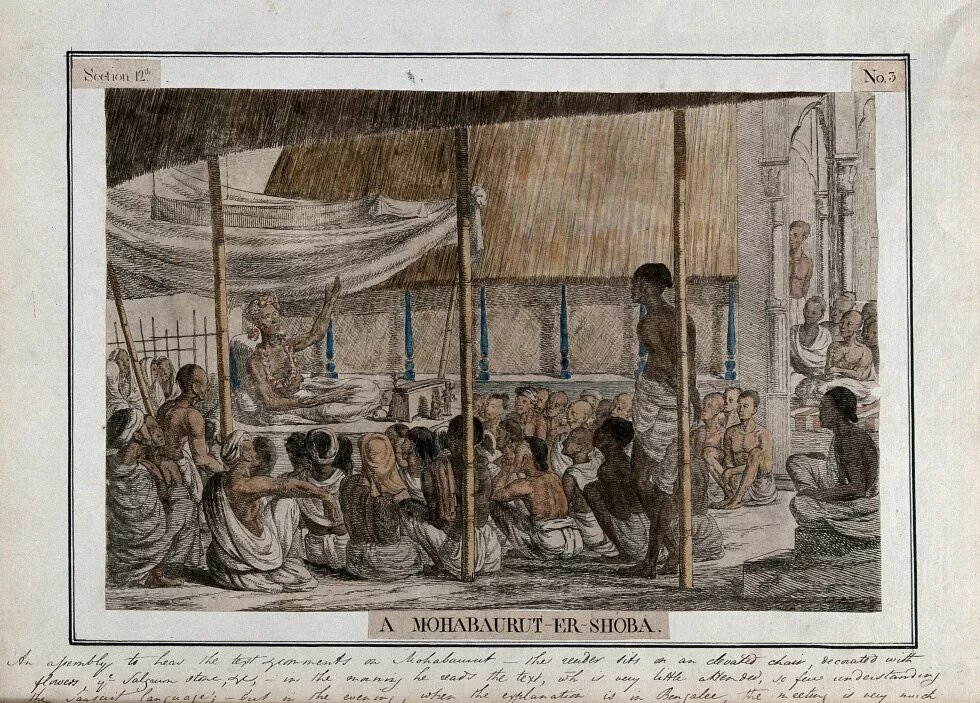 Crowd listening to recital and commentary on the Mahabharata, Calcutta, West Bengal. Coloured etching by François Balthazar Solvyns, 1799.